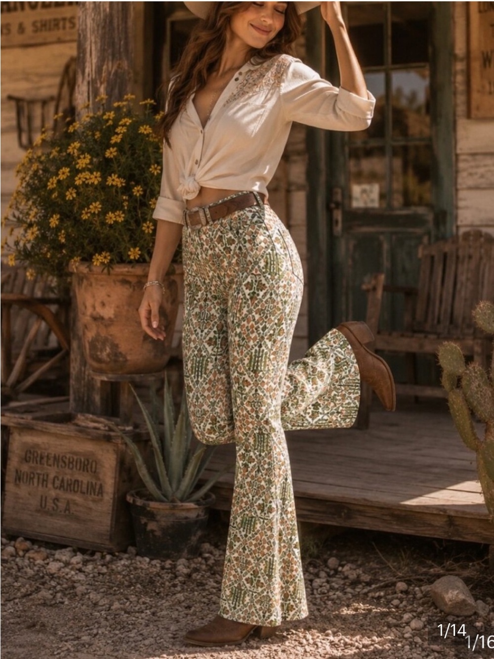 Wrangler High Rise Fierce Flare Jeans Floral Cross Stitch Print 12 x 32